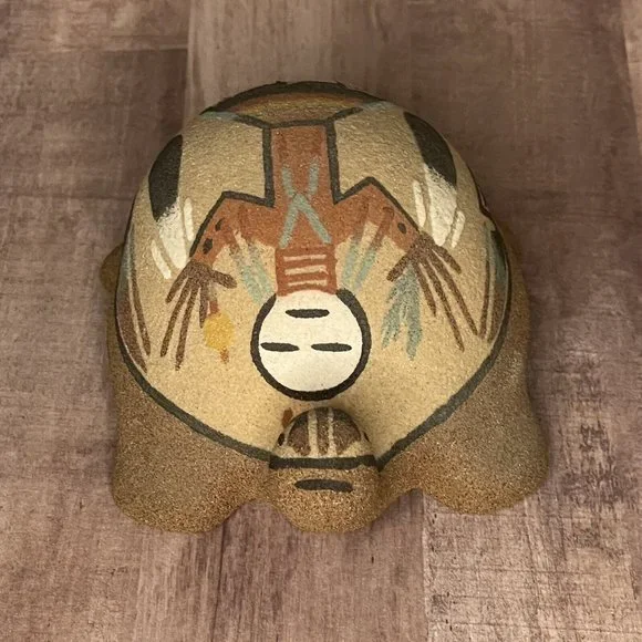 Vtg 80s Native Sand Art Painting Turtle Tortoise w Yei Figure Southwest 6” L - Picture 8 of 16